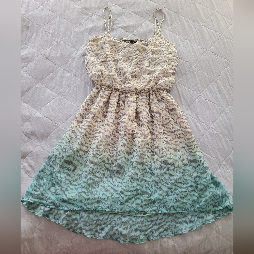 Gypsy 05 - 100% Silk Blue & Grey Animal Print Dress Spaghetti Strap Lightweight